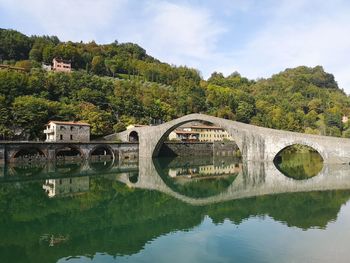 Arch bridge over river against sky