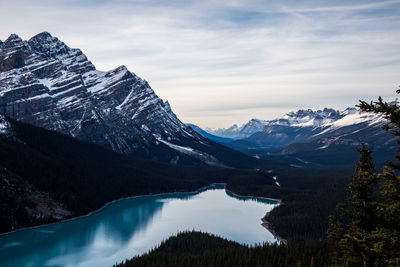 Scenic view of lake and mountains against sky during winter