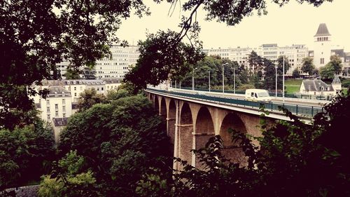 Arch bridge amidst trees and buildings in city against sky