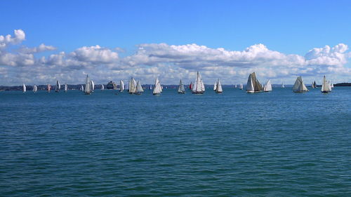 Sailboats sailing in sea against blue sky