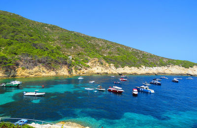 Sailboats moored on sea against clear blue sky