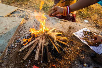 Homa or havan in india for hindu religious rituals for god during festival from different angle