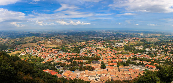 High angle shot of townscape against sky