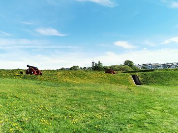 Hay bales on field against sky