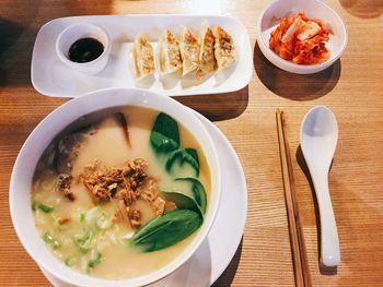 High angle view of food served on table