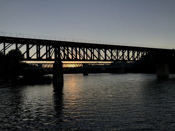 Silhouette bridge over river against clear sky