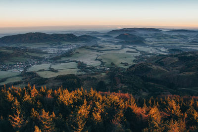 High angle view of landscape against sky during sunset