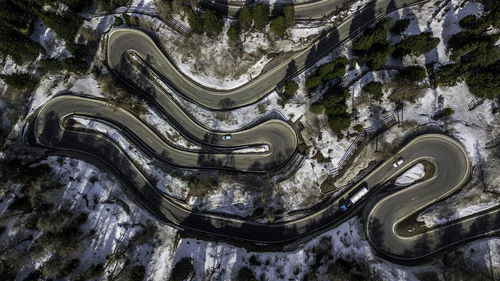 High angle view of winding road in winter