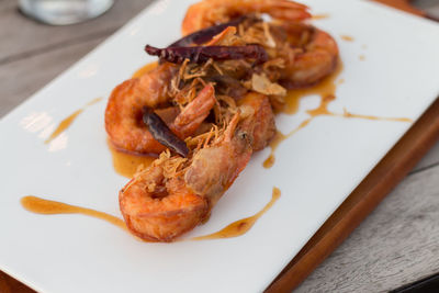 Close-up of seafood in plate on table