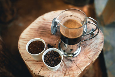 High angle view of coffee cup on table