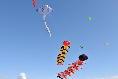 Low angle view of kites against blue sky