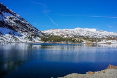 Scenic view of lake and snowcapped mountains against blue sky