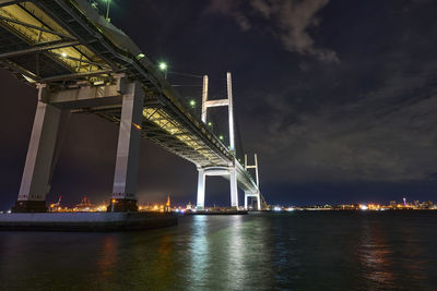 Illuminated bridge over river against sky at night