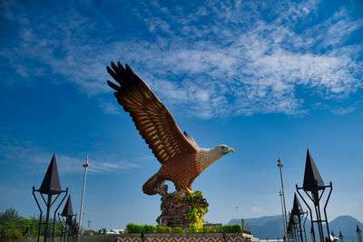 Low angle view of eagle flying against blue sky