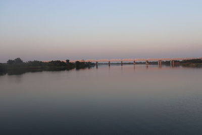 Scenic view of lake against clear sky during sunset