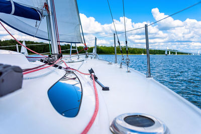 View from a main deck of sailboat on a lake. summer vacations, cruise, leisure activity, tourism