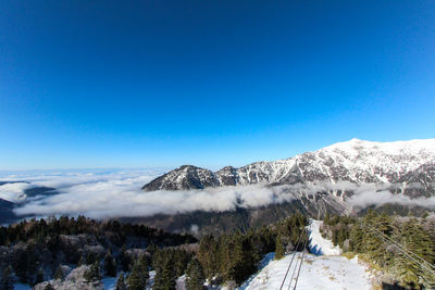 Scenic view of snow covered mountains against clear blue sky