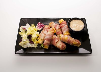 High angle view of food in plate on table