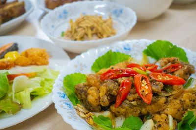 High angle view of meal served on table