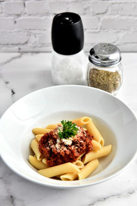 Close-up of pasta in bowl on table