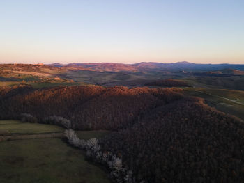 High angle view of landscape against sky during sunset