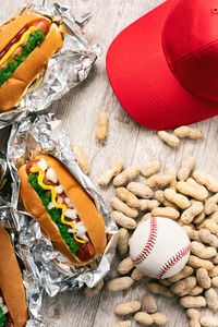 High angle view of baseball on table