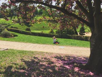 Woman walking on footpath in park