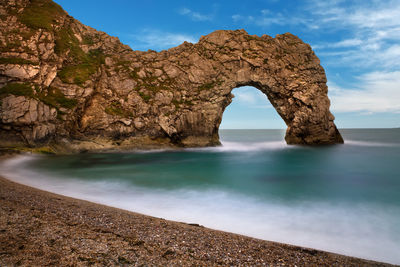 Rock formations by sea against sky