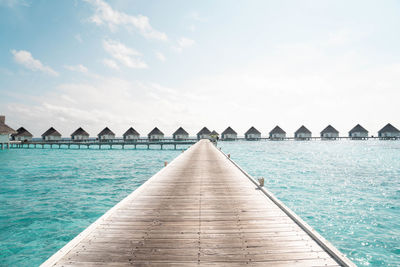 Over ocean tropical beach summer resort hotel, maldives island with sea and sky for holiday vacation