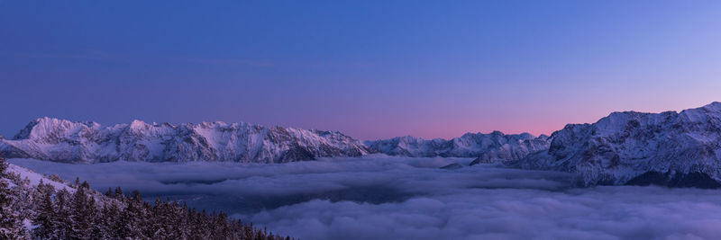 Scenic view of snowcapped mountains against clear sky during winter