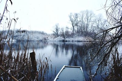 Scenic view of lake against clear sky during winter