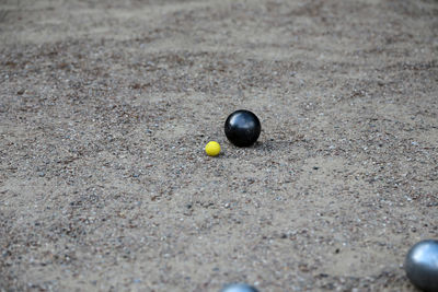 2006 - petanque ball boules and small yellow jack on petanque field,