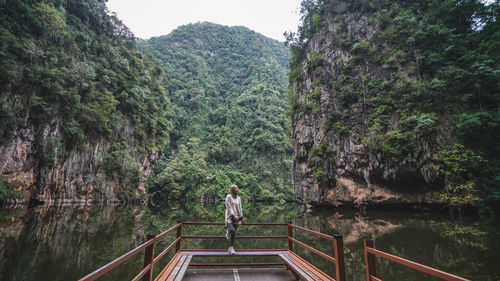 Rear view of people standing by railing in forest