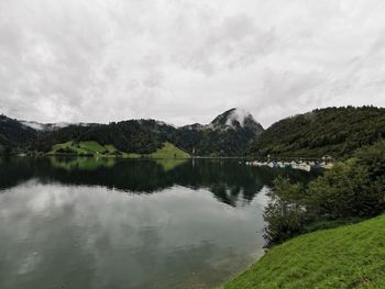 Scenic view of lake and mountains against sky