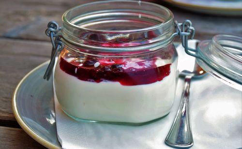 Close-up of drink in jar on table