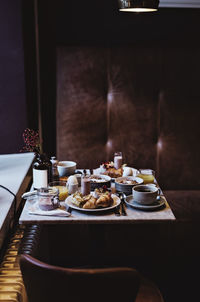 High angle view of food arranged on table in hotel