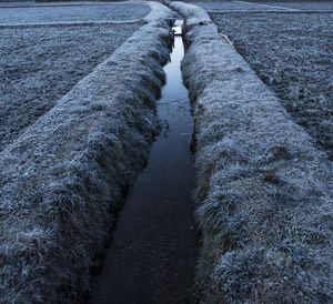 Stream amidst agricultural field at dusk