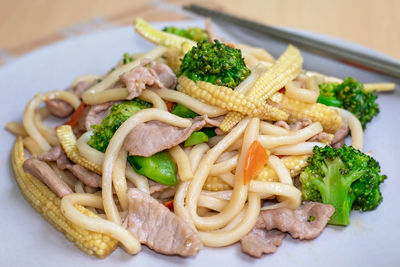 Close-up of noodles served in plate