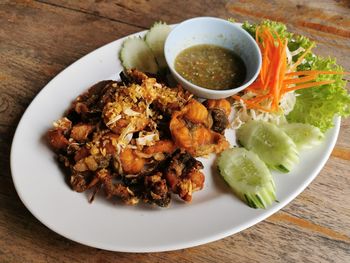 High angle view of food in plate on table