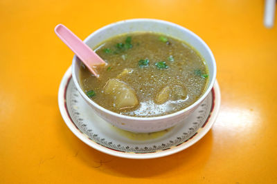 High angle view of soup in bowl on table