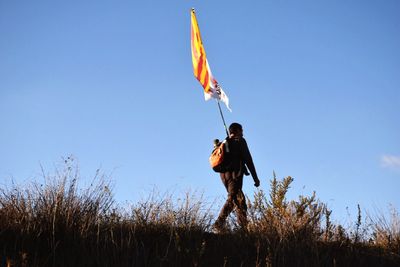 Low angle view of man standing on field against clear sky