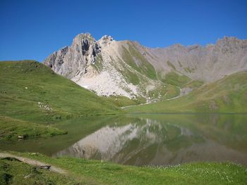 Scenic view of mountains against clear blue sky