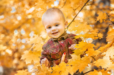 Cute boy against maple leaves