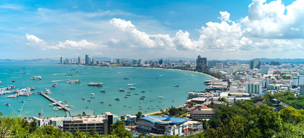 High angle view of city at seaside