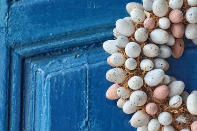 High angle view of eggs on white surface