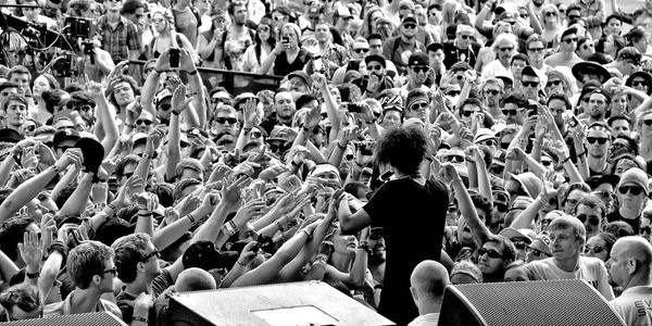 Rear view of singer performing amidst crowd during music concert