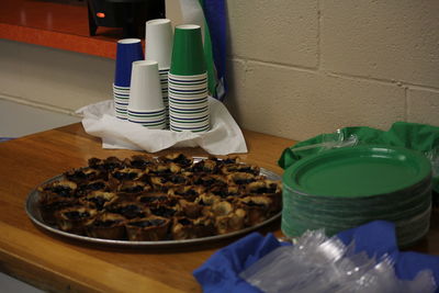 Close-up of food served on table