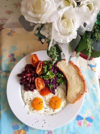 High angle view of breakfast served on table