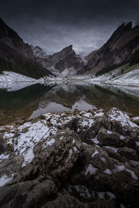 Scenic view of lake by snowcapped mountains against sky