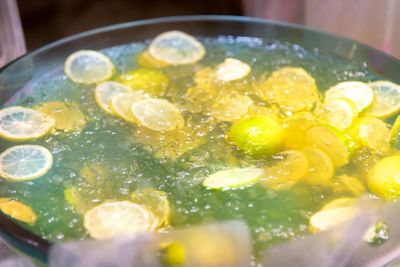 High angle view of fruits in glass